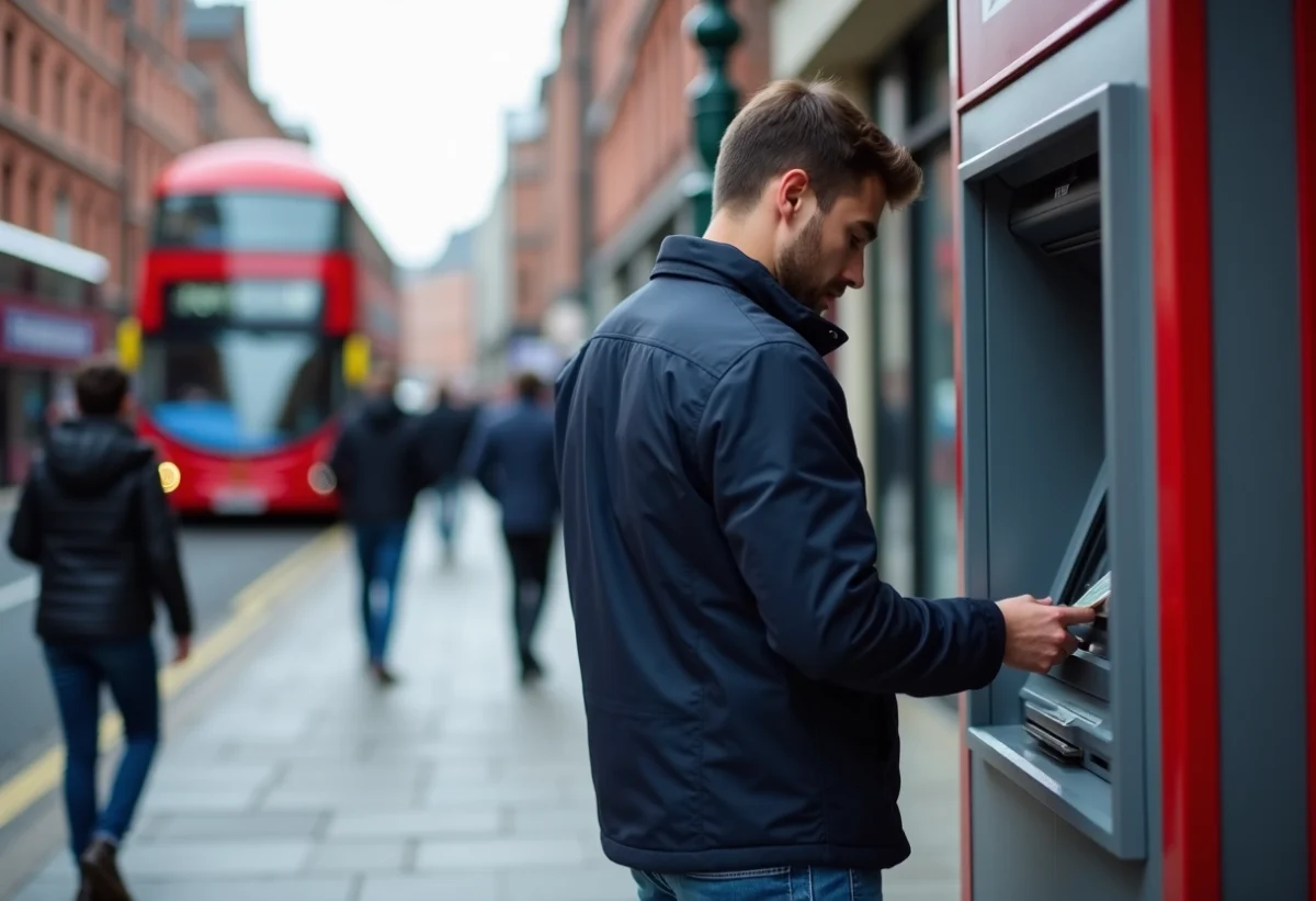 Homme en jean retire de l'argent à un ATM dans Dublin