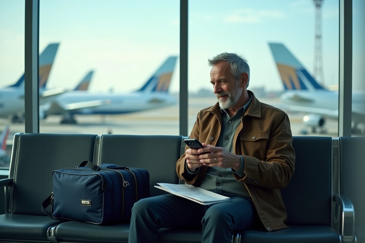 Homme en voyage dans une salle d