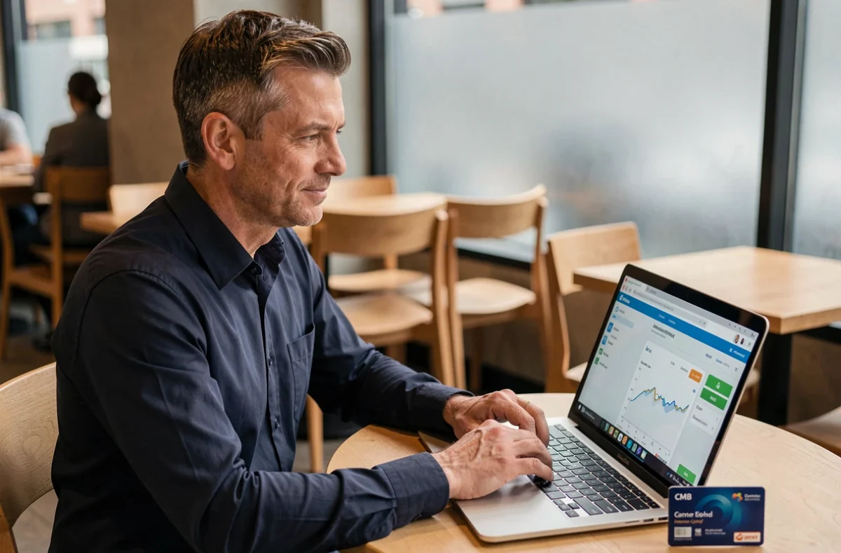 Homme consultant son tableau de bord bancaire CMB avec carte Virtualis dans un café urbain