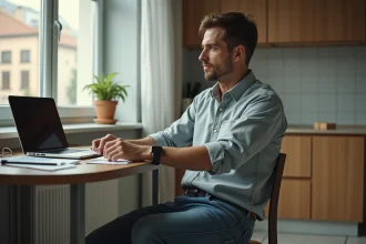 Homme pensif à la cuisine avec factures et ordinateur