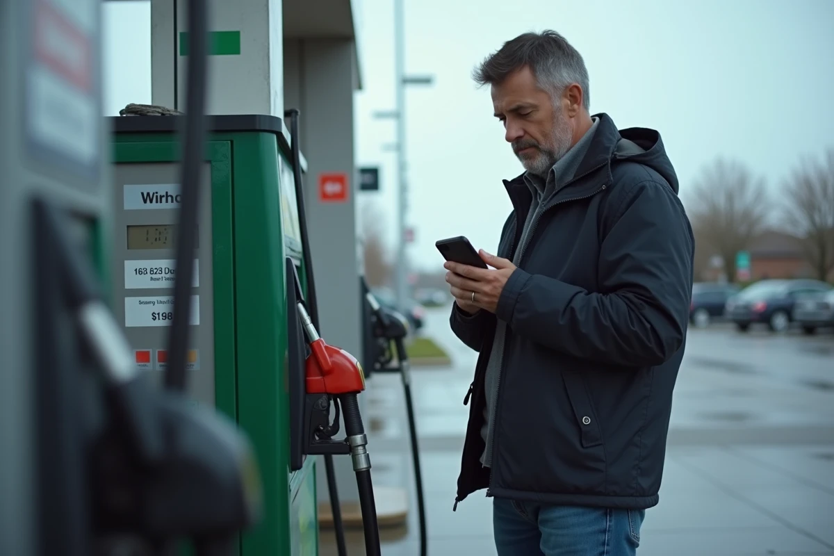 Homme vérifiant son application de budget mensuel sur smartphone lors d'un plein d'essence à la station-service