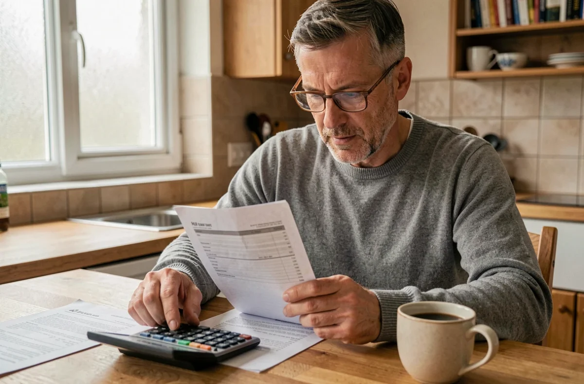 Homme calculant son salaire net imposable à domicile avec des documents fiscaux et une calculatrice