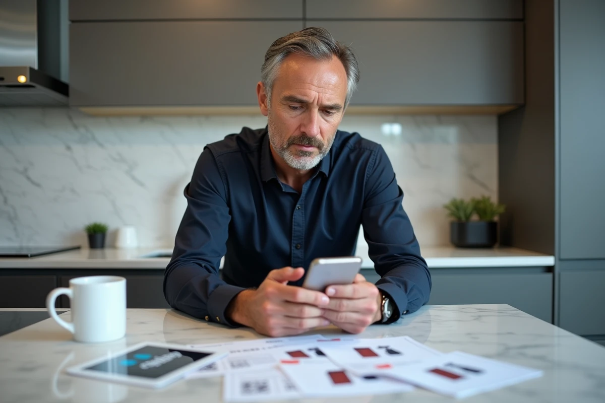 Homme consultant son smartphone entouré de chèques Cadhoc posés sur un plan de travail de cuisine
