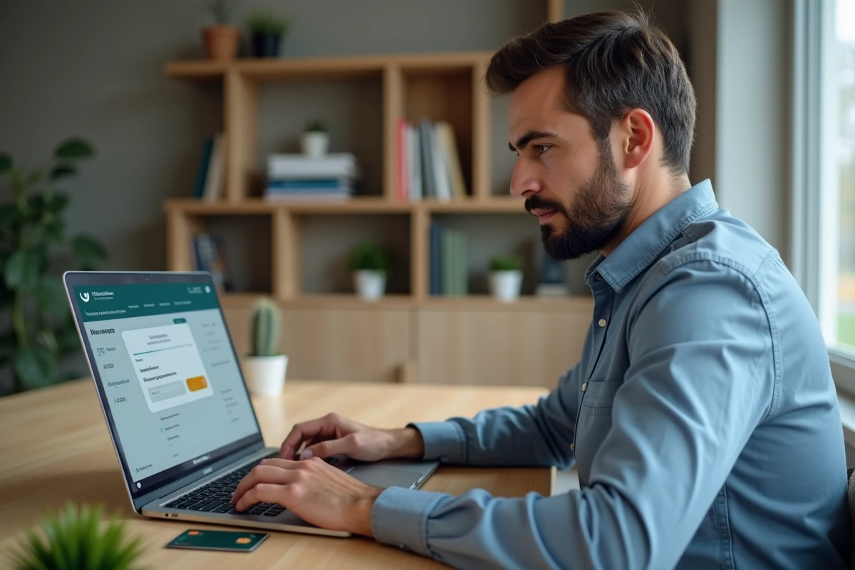 Homme comparant les offres de carte Mastercard Crédit Agricole sur son ordinateur portable dans un bureau à domicile