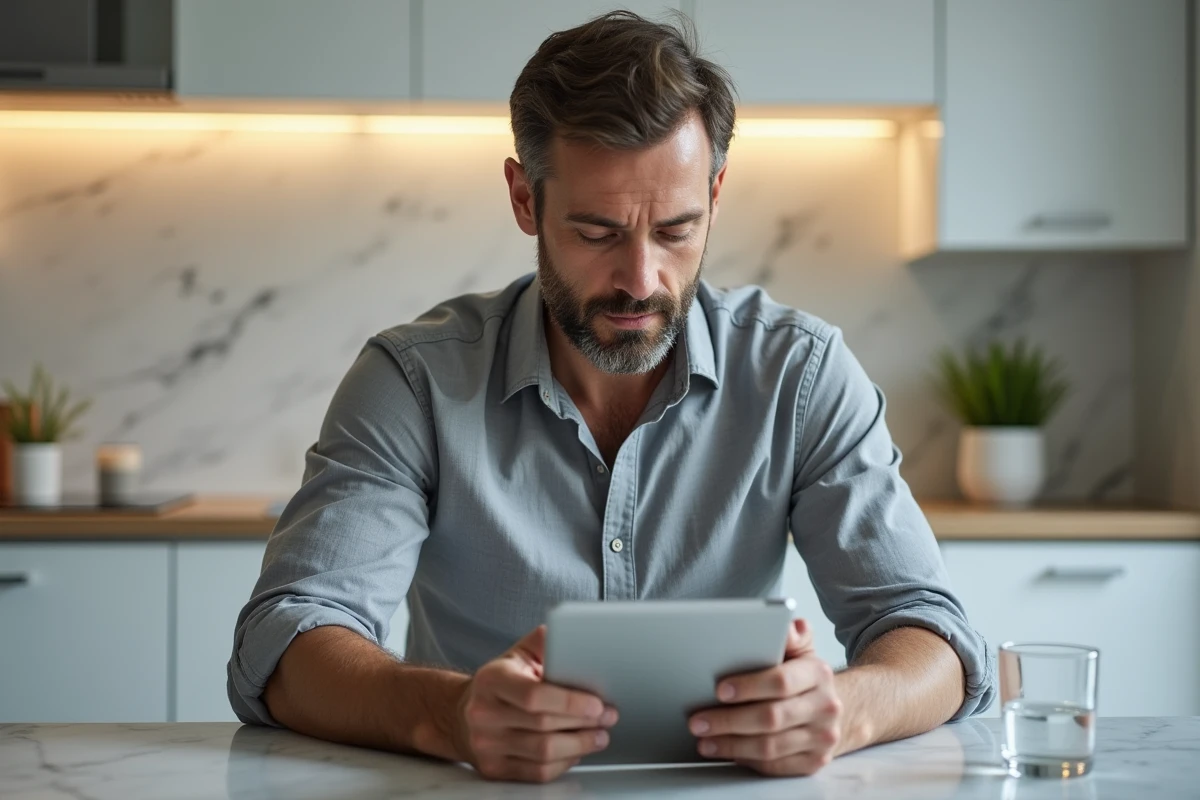 Homme consultant un comparateur de taux bancaires sur tablette dans une cuisine moderne