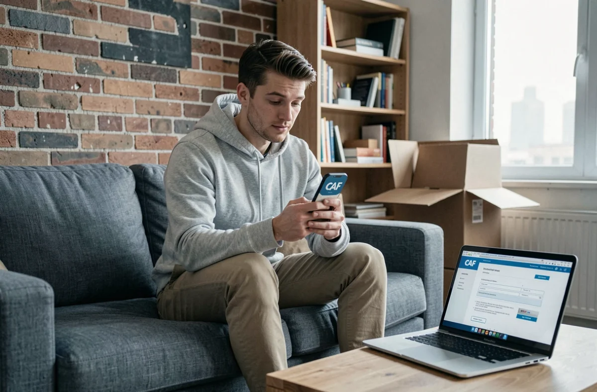 Jeune homme consultant le site de la CAF sur son smartphone pour faire sa demande d'APL dès le premier mois