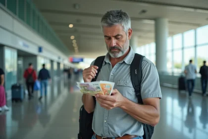 Homme d'&acirc;ge moyen tenant des dirhams &agrave; l'a&eacute;roport