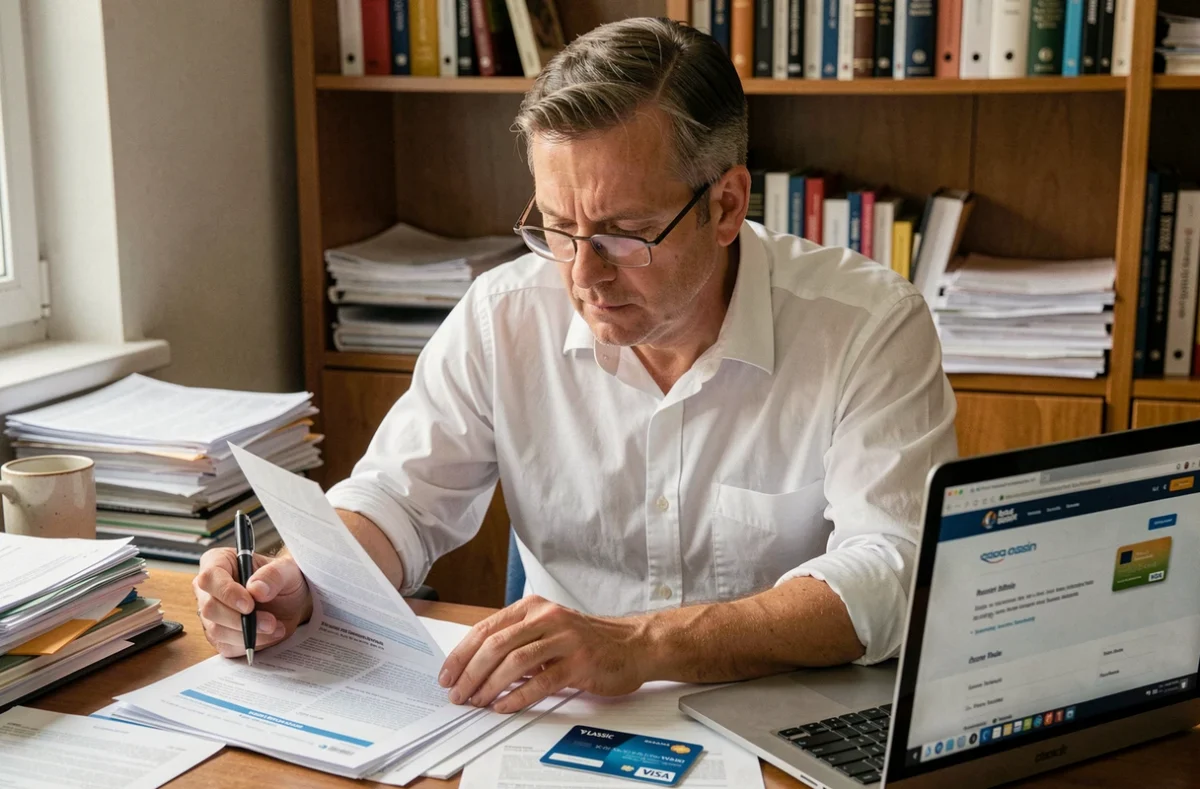 Homme comparant les documents d'assurance voyage et sa carte Visa Classic à son bureau à domicile