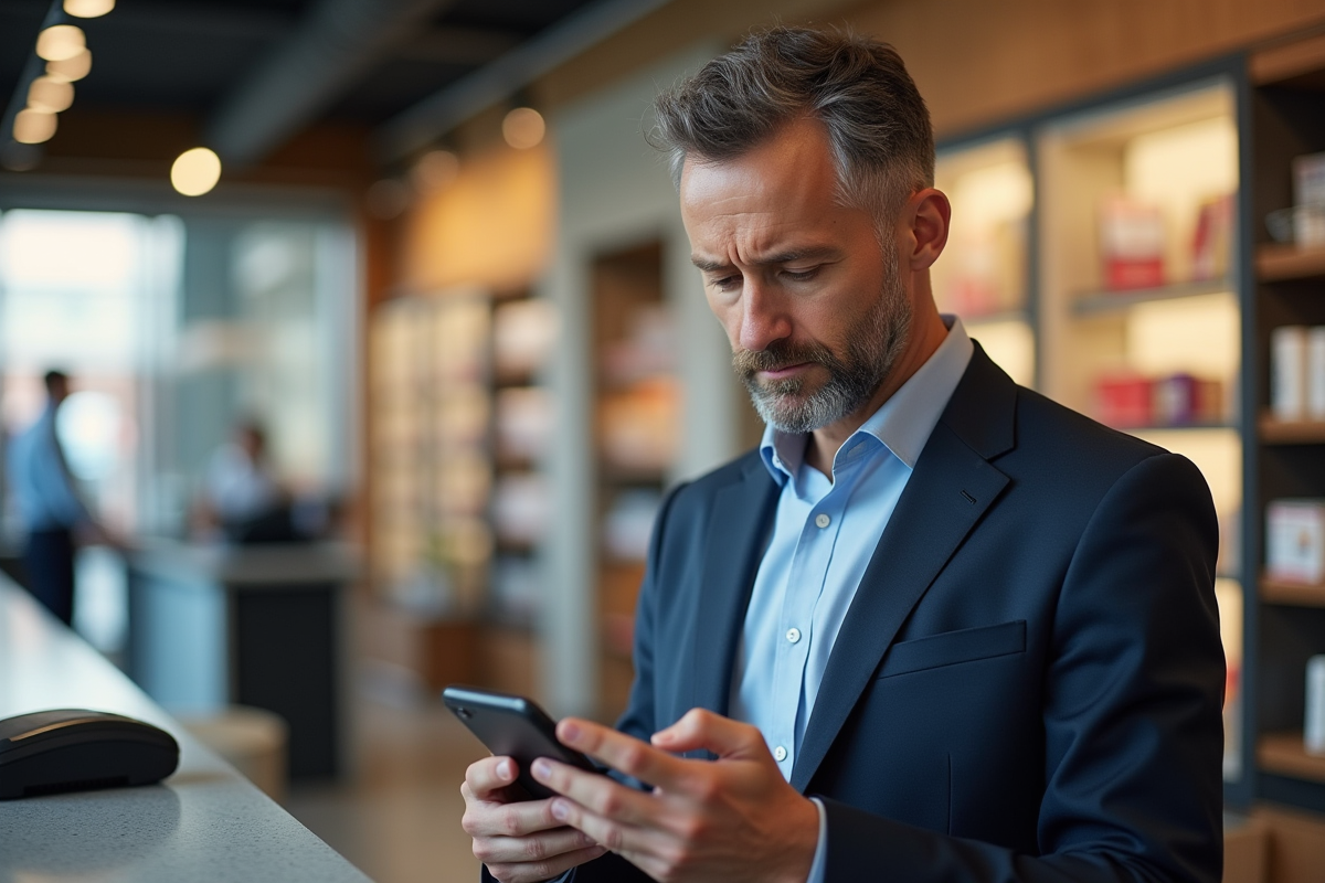 Homme vérifiant son smartphone avec erreur cashback
