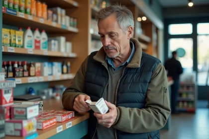 Homme fran&ccedil;ais en veste casual dans une &eacute;picerie suisse