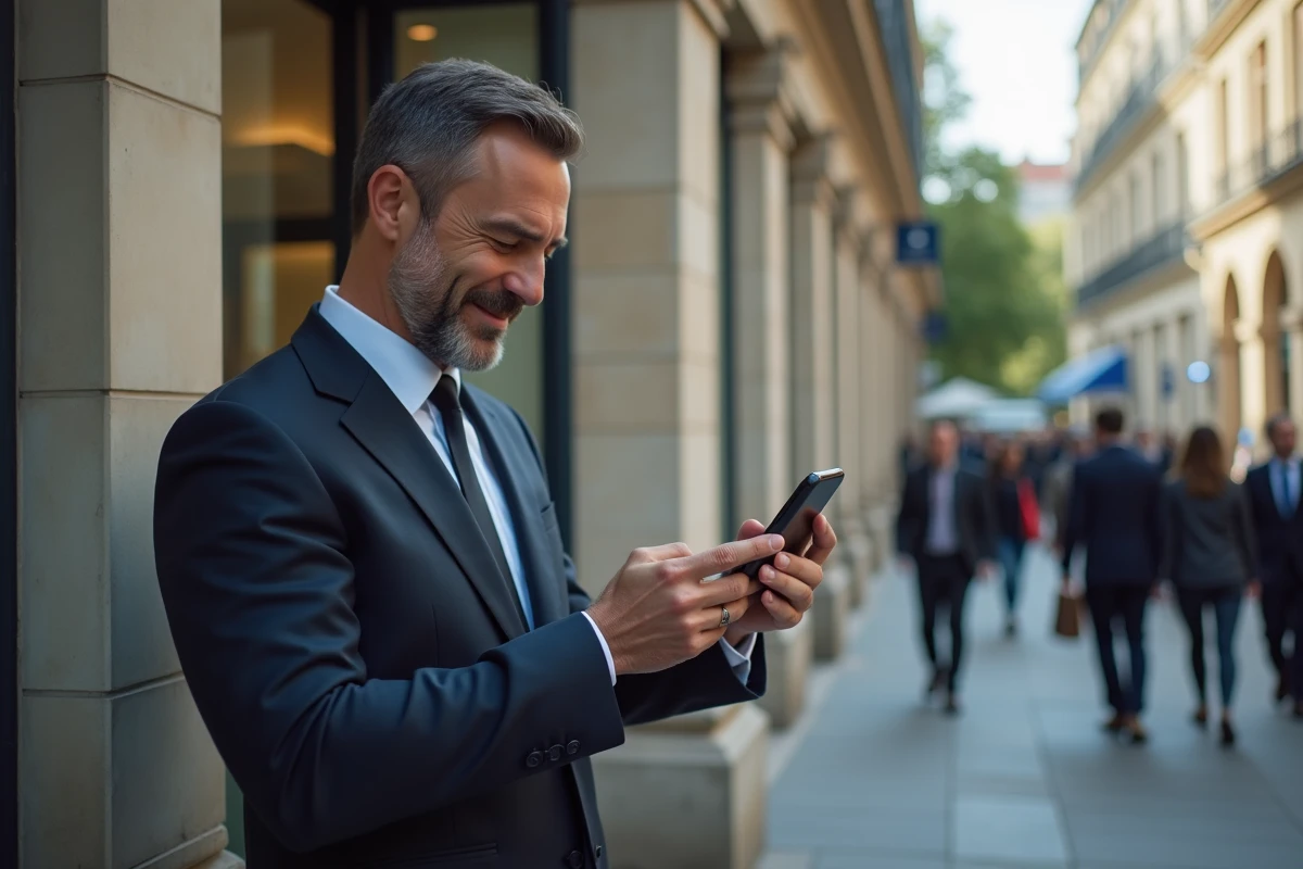 Homme français souriant devant une banque après approbation de crédit