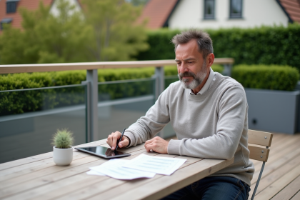 Homme français en extérieur remplissant ses impots