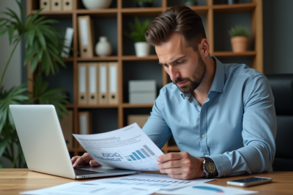 Homme en bureau moderne examinant des documents fiscaux