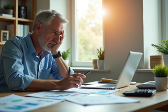 Homme inquiet examinant documents financiers à son bureau
