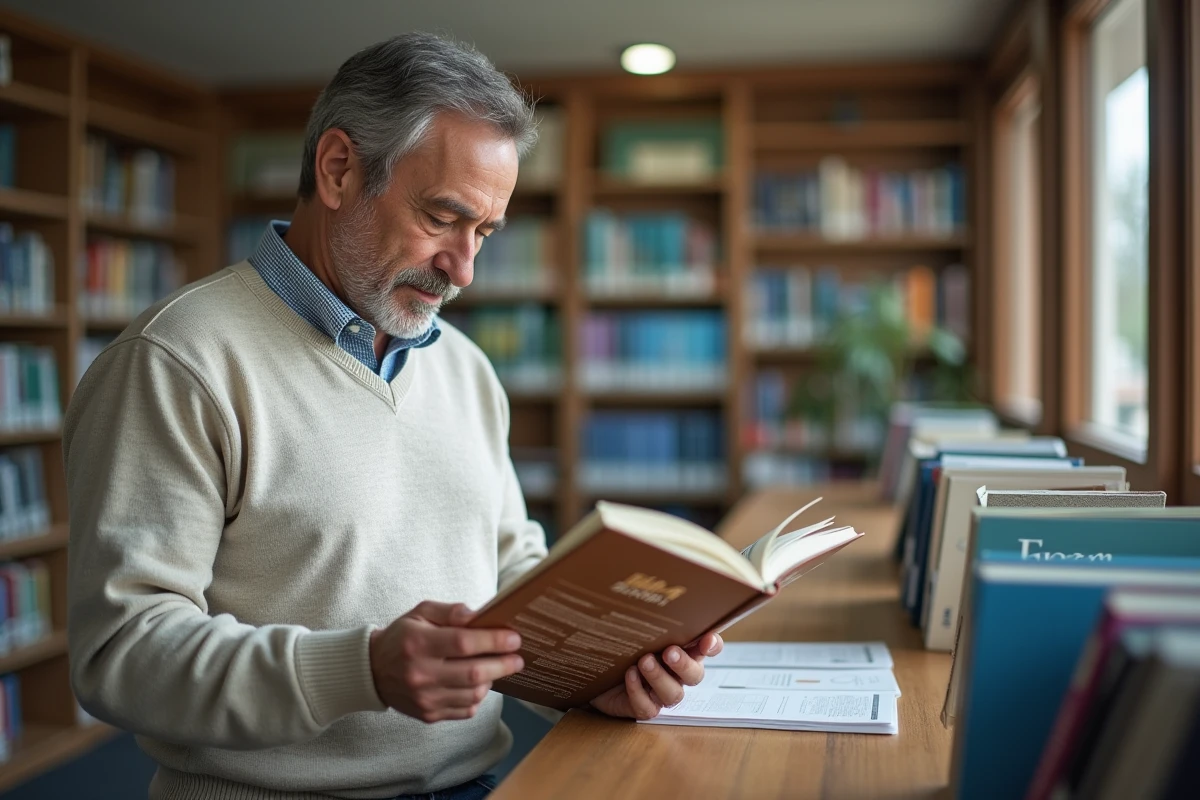 Homme lisant un guide financier dans une biblioth&egrave;que communautaire