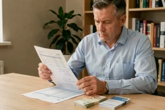 Homme consultant son relevé de compte et son livret A avec des billets en euros sur un bureau en bois à domicile