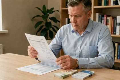 Homme consultant son relevé de compte et son livret A avec des billets en euros sur un bureau en bois à domicile