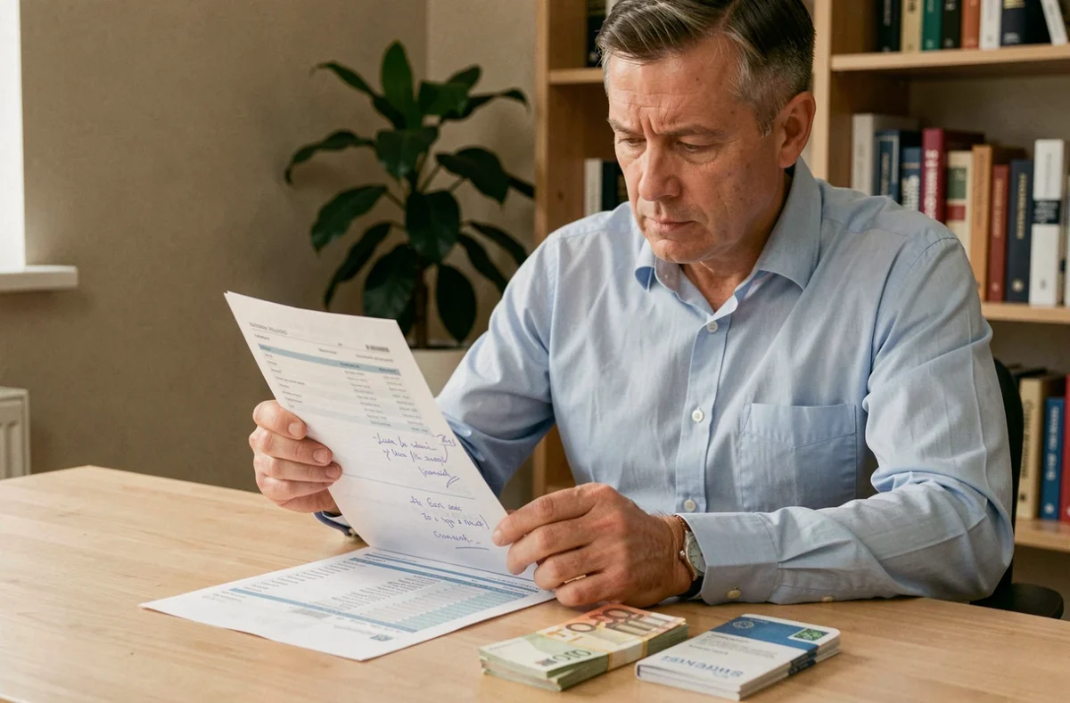 Homme consultant son relevé de compte et son livret A avec des billets en euros sur un bureau en bois à domicile