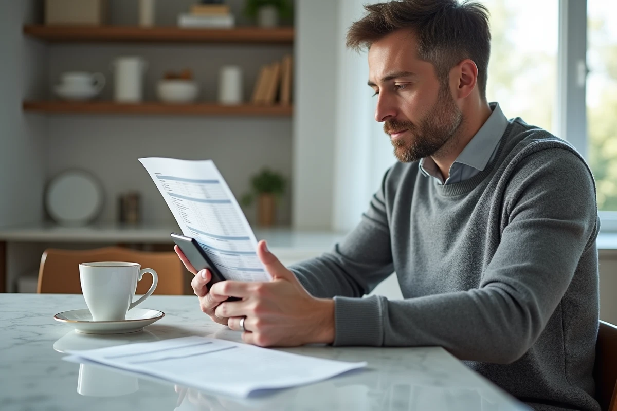 Homme consultant ses relevés d'épargne salariale sur smartphone et documents papier à la maison