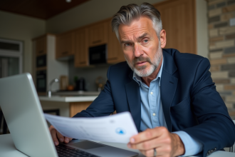 Homme regardant relevé bancaire dans une cuisine moderne