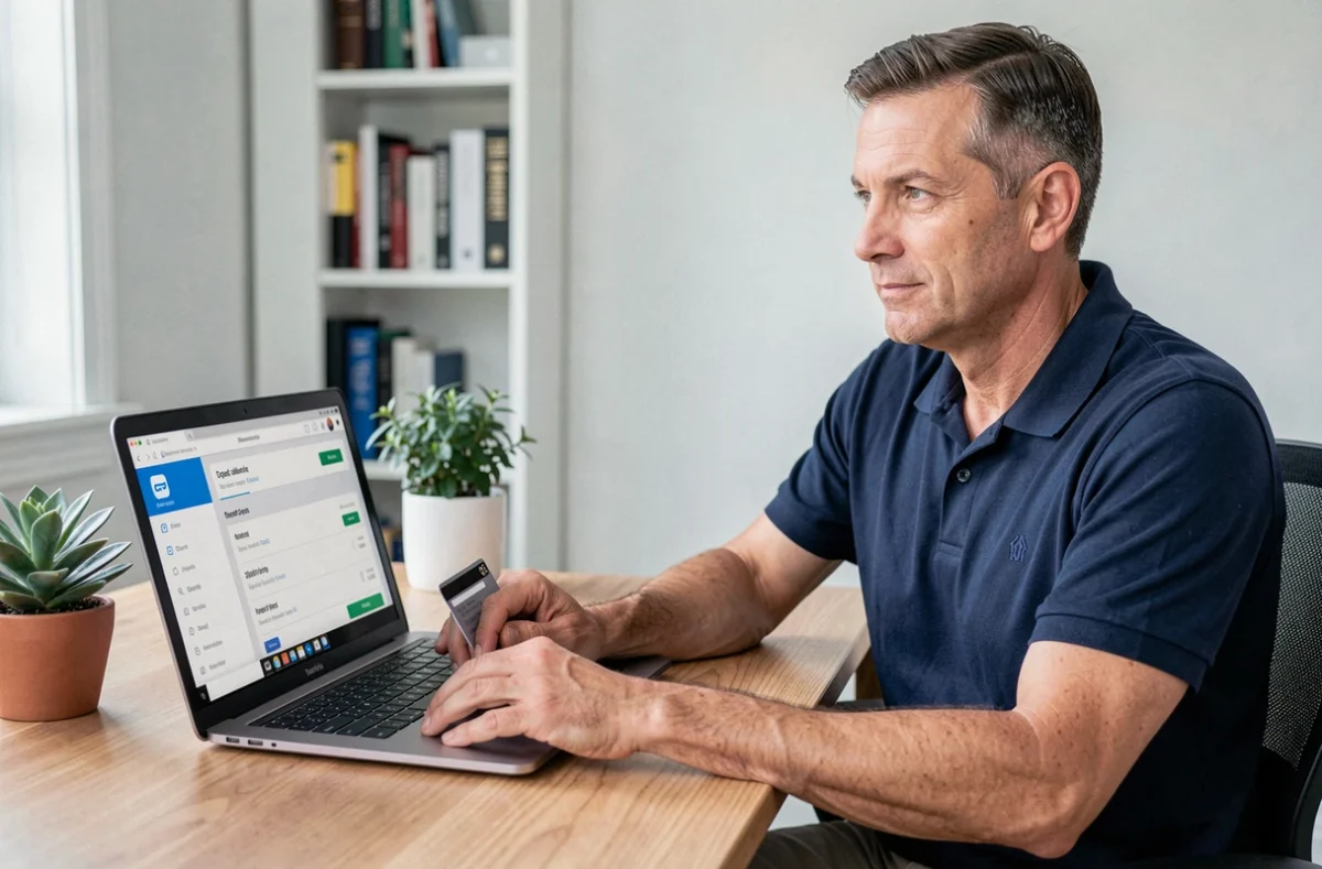 Homme gérant le paiement échelonné de sa facture Free Mobile sur ordinateur portable à domicile