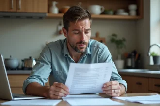 Homme d'environ 40 ans vérifiant un formulaire à la maison