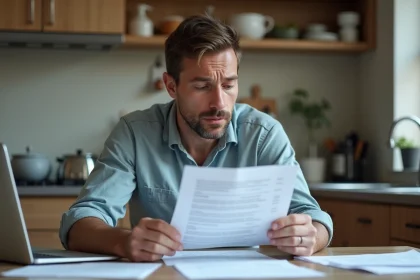 Homme d'environ 40 ans v&eacute;rifiant un formulaire &agrave; la maison