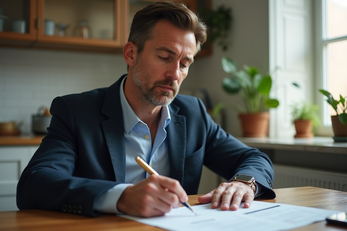 Homme d'âge moyen en tenue décontractée au bureau, remplissant des papiers immobiliers à la maison