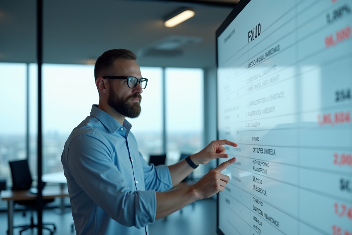 Homme en chemise bleue montrant un bilan digital en réunion