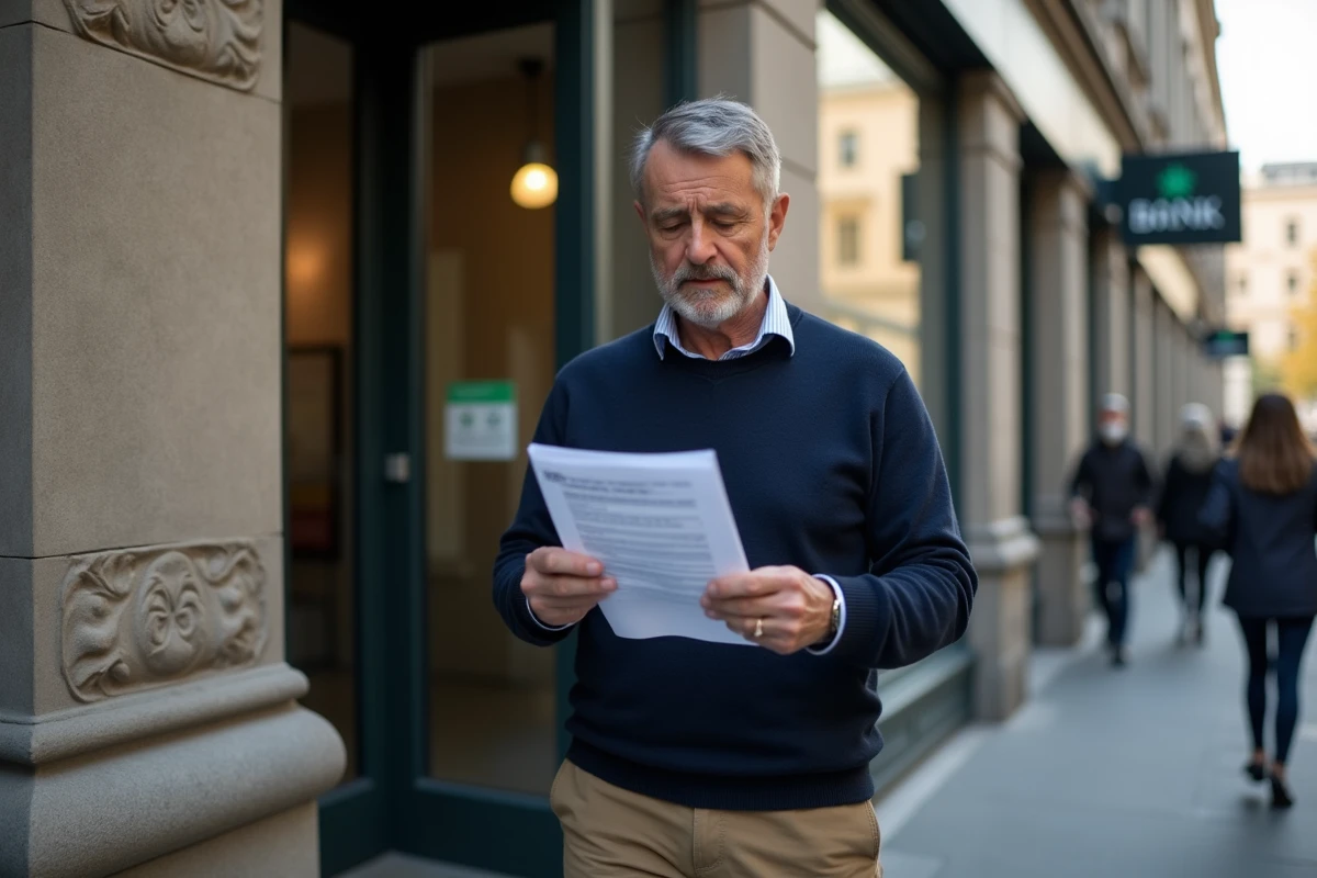 Homme examine un document de pret devant une banque urbaine