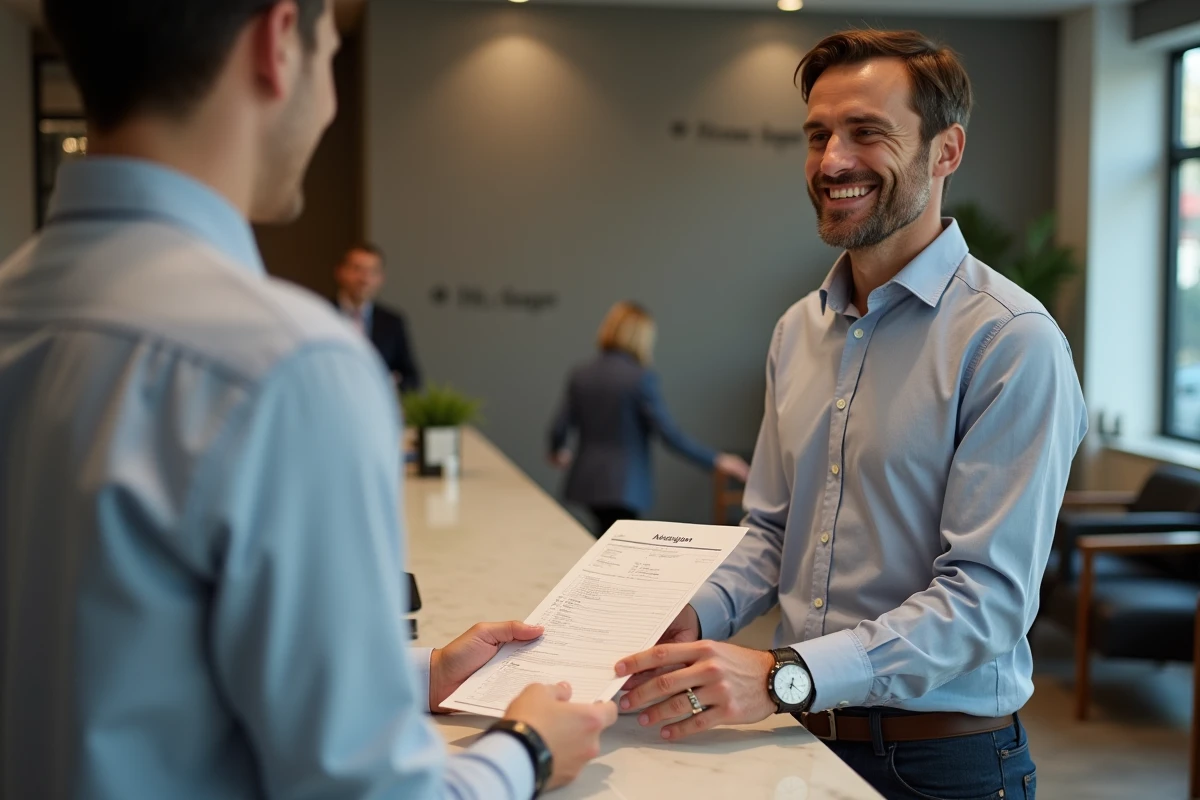 Homme remettant un formulaire de prêt à un conseiller bancaire