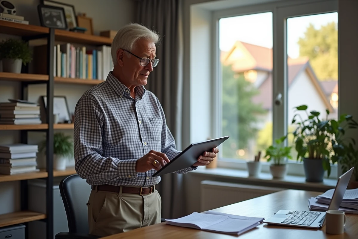 Homme retraité vérifiant son calendrier 2026 sur une tablette