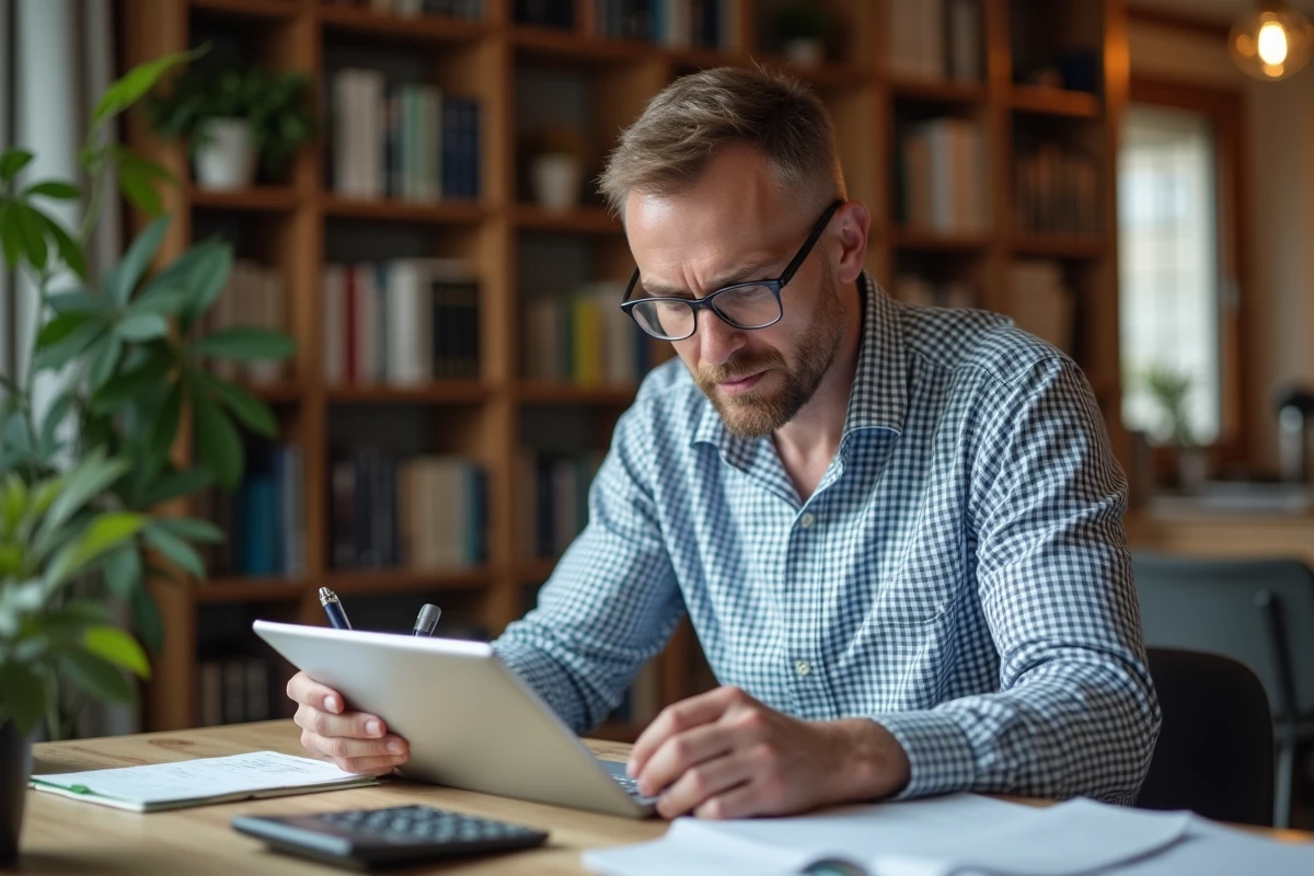 Homme à la maison avec tablette et notes sur le plan comptable