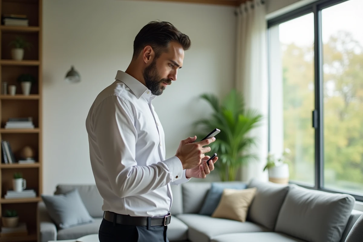 Homme d affaires regardant son smartphone dans un salon lumineux