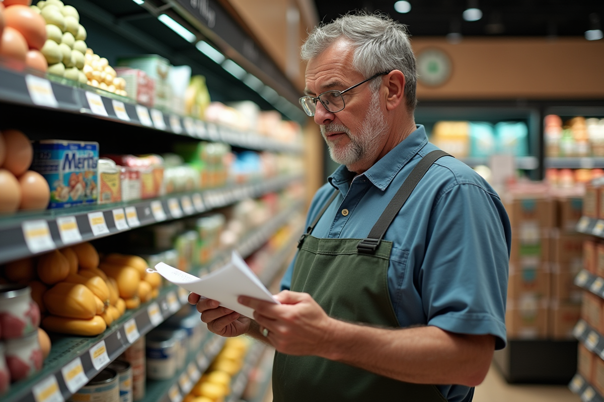 Homme examinant une liste de courses dans un supermarche