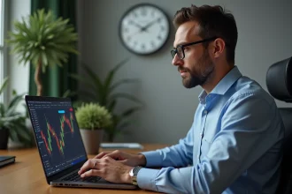 Homme français concentré devant son ordinateur trading