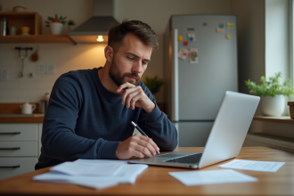 Homme concentré travaillant à la maison avec ordinateur