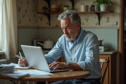 Homme d'âge moyen pensif avec documents dans une cuisine modeste