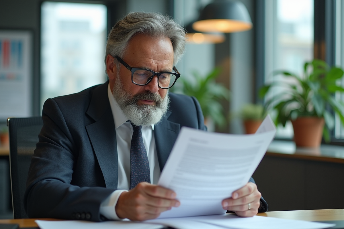 Homme d affaires examinant un document de prêt immobilier au bureau