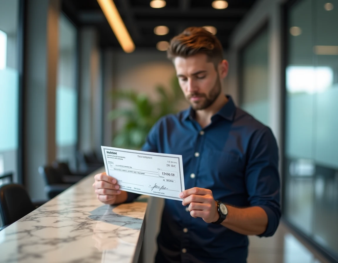 Homme vérifiant un chèque rempli à la main dans une agence bancaire moderne, exemple de chèque complété