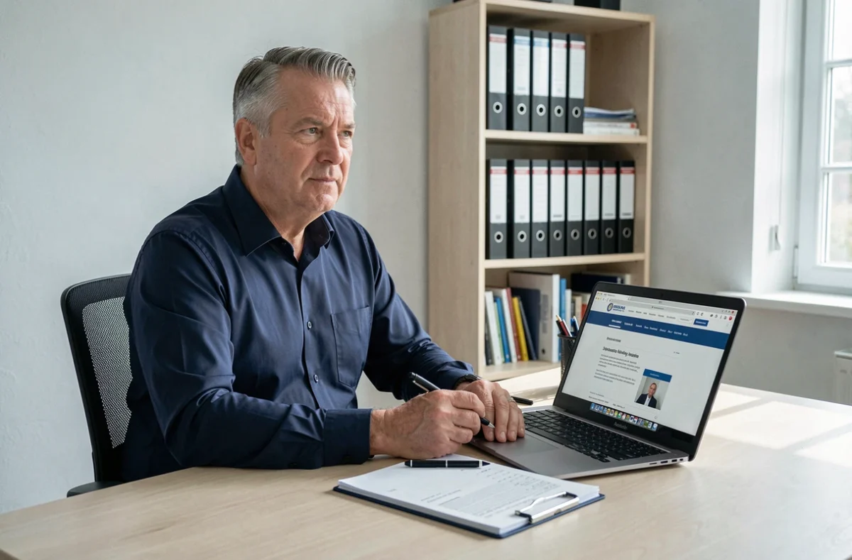 Homme vérifiant les dates de paiement de sa pension d'invalidité sur ordinateur