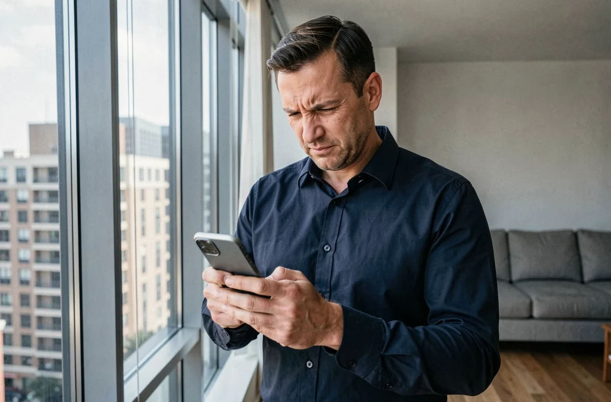 Homme scrutant son smartphone avec méfiance pour vérifier s'il est ciblé par une arnaque de type lesrouleaux