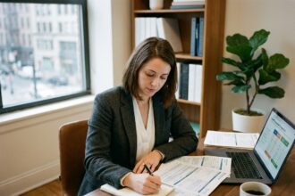 Indépendante comparant les garanties de mutuelles santé sur des documents imprimés à son bureau à domicile