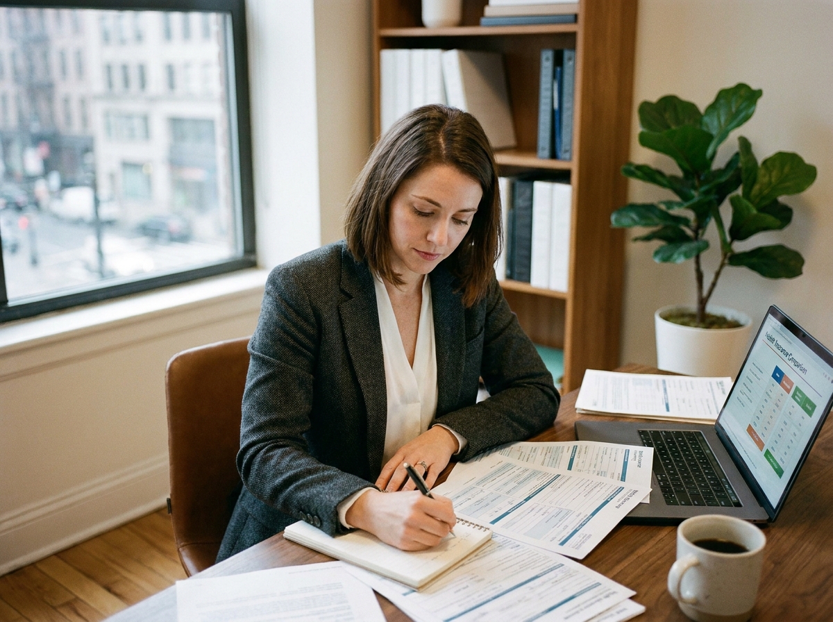 Indépendante comparant les garanties de mutuelles santé sur des documents imprimés à son bureau à domicile