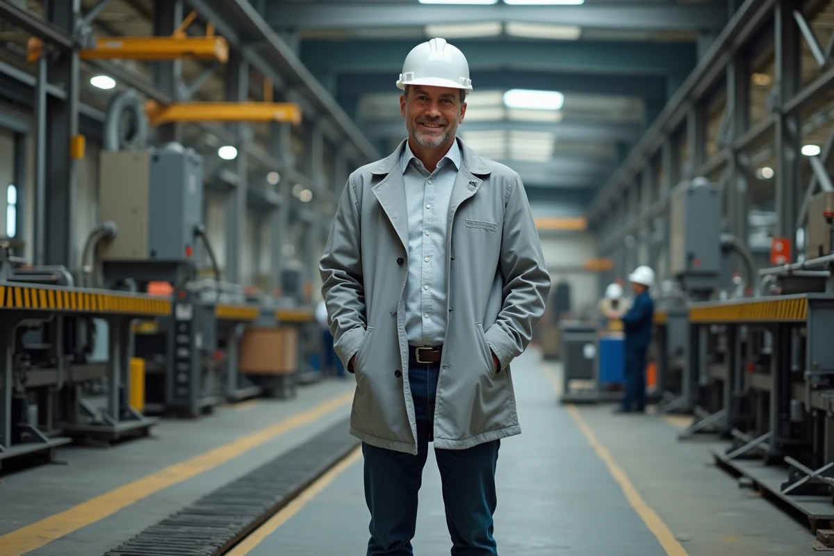 Ing&eacute;nieur en industrie portant un casque de s&eacute;curit&eacute; sur un site de production avec des machines en arri&egrave;re-plan