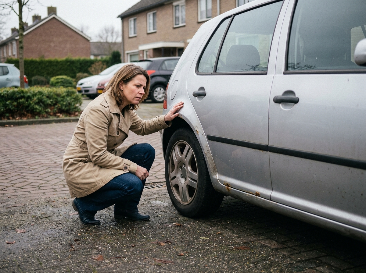 Une femme inspecte attentivement une voiture d'occasion achetée à un particulier dans une rue résidentielle