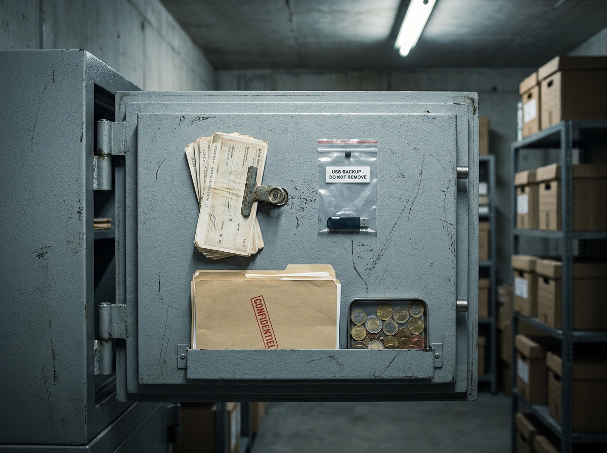 Intérieur d'un coffre-fort professionnel contenant des chèques, documents confidentiels et espèces sécurisés