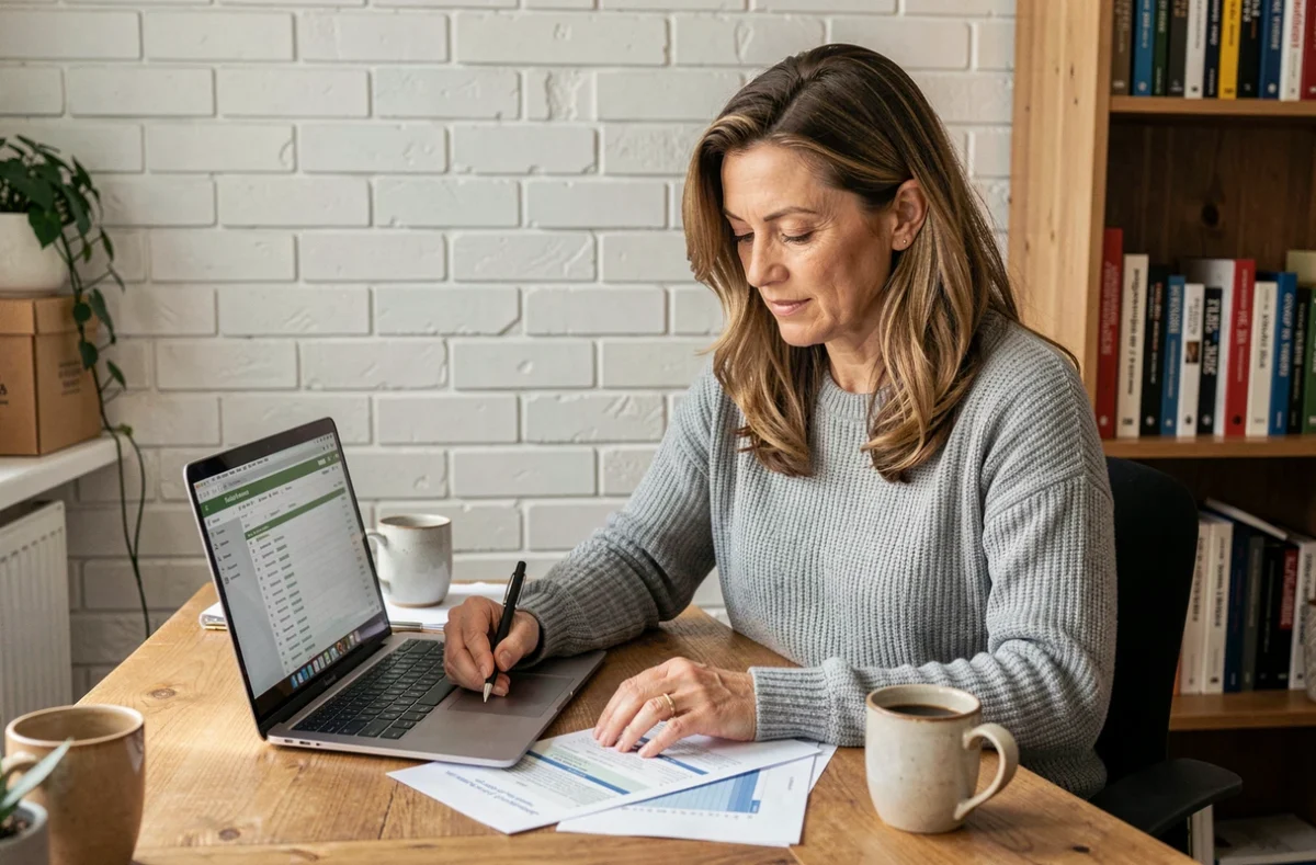 Femme étudie les conditions d'un crédit immobilier pour investir dans des parts de SCPI depuis son bureau à domicile