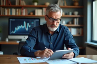 Investisseur expérimenté analysant des graphiques financiers et des données boursières à son bureau à domicile
