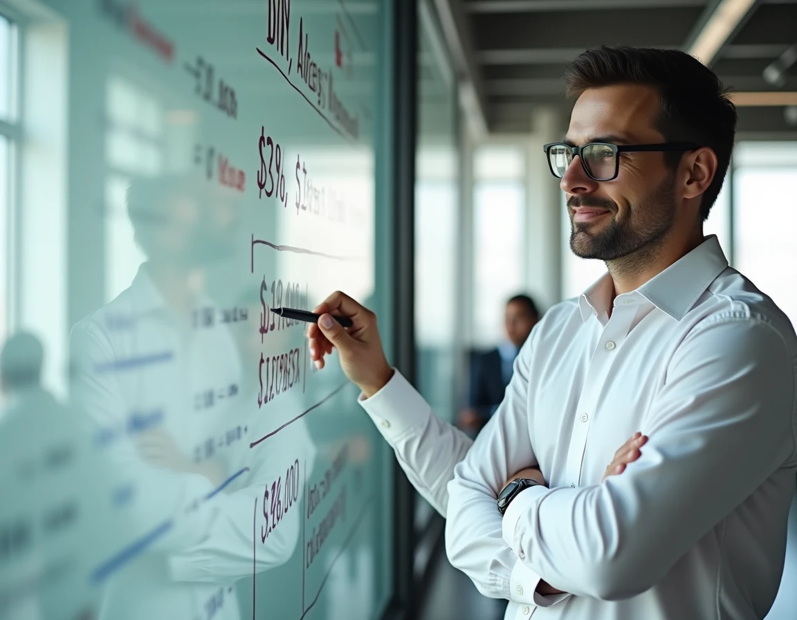 Investisseur analysant des notes financières et avis d'analystes sur un tableau blanc en open space